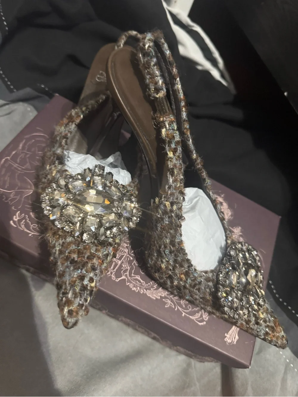 Jeffrey Campbell Brown Tweed Slingback Heel with Crystal Brooch